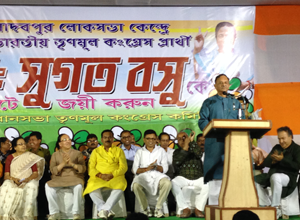 Manish Gupta, Jadavpur MLA and Minister for Power in the West Bengal government, addresses a karmi sabha at Jadavpur Assembly constituency.