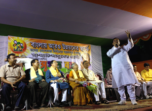 Tollygunge MLA and Minister for Housing in the West Bengal government Aroop Biswas addresses Tollygunge karmi sabha.